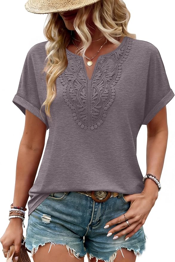 Sipaya Womens Blouses Dressy Casual Summer Shirts Short Sleeve Lace Front Boho Tunic Tops for Leggings Fashion Clothes