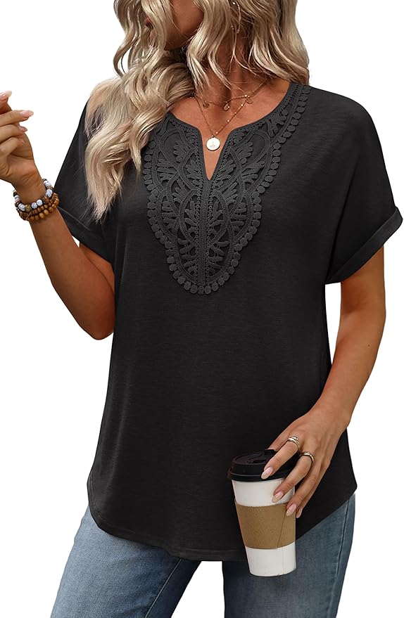 Sipaya Womens Blouses Dressy Casual Summer Shirts Short Sleeve Lace Front Boho Tunic Tops for Leggings Fashion Clothes