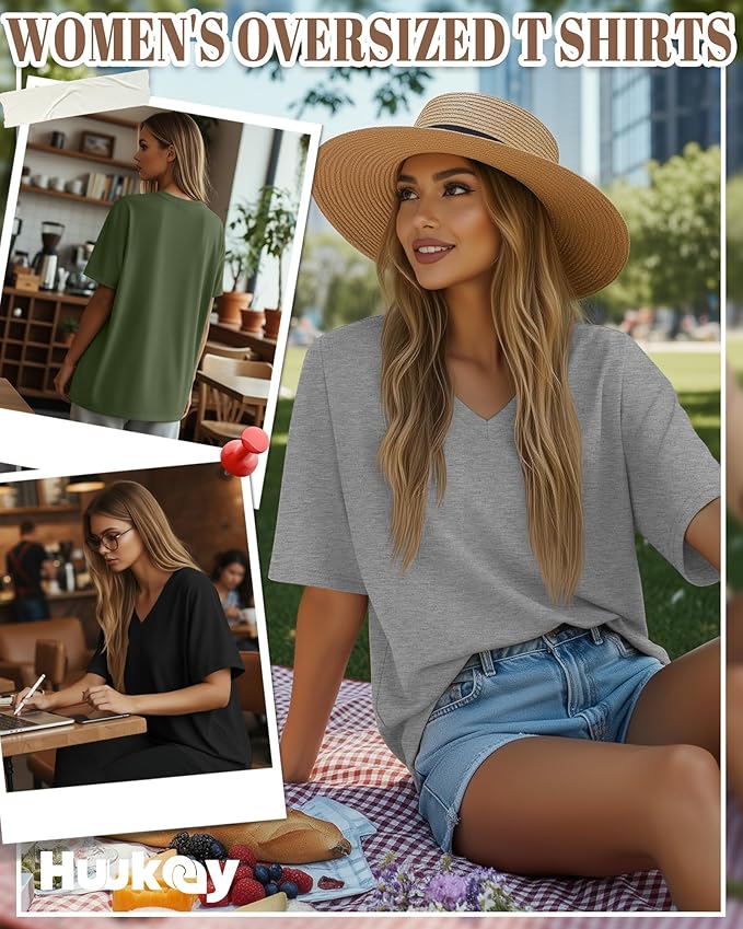 Huukeay Women's Cotton Oversized T Shirts 3 Pack V Neck Loose Fit Half Sleeve Tops Baggy Casual Summer Gym Workout Tees 2026