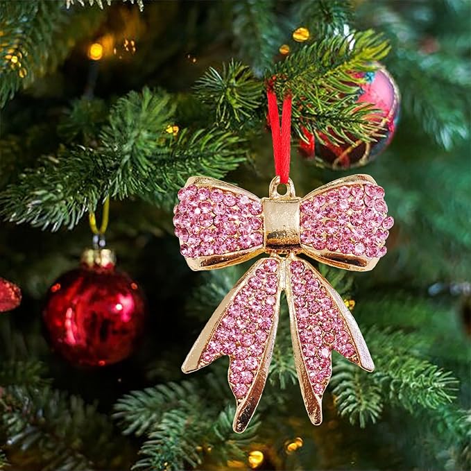 Ushinemi Bow Ornaments for Christmas Tree Hanging Ornament Xmas Tree Decor, Sparkles Pink Bow Keepsake Gifts for Mom Grandma Women Girls Sisters