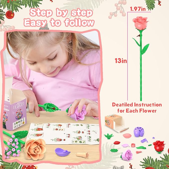 Sopu Colorful Rose Bouquet Flowers Building Set, 24 Boxes 1380Pcs Artificial Flowers Botanical Collection Flowers for Adults Valentines Day Gifts for Her Women Wife Girlfriend Mom