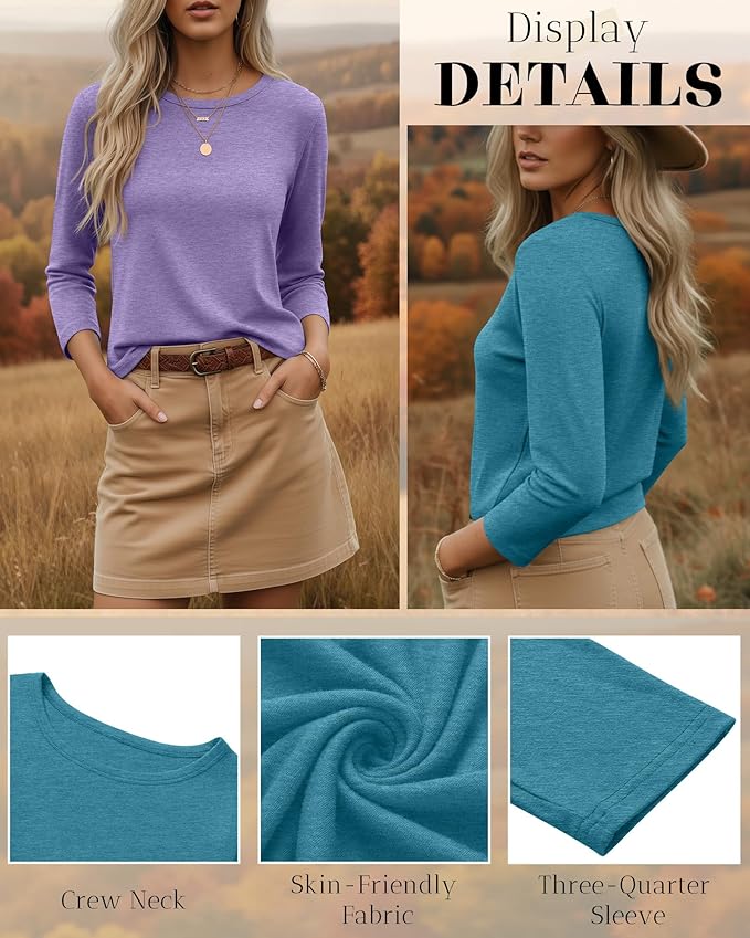 Ficerd 3 Pack 3/4 Sleeve Tops for Women Round Neck Dressy Basics Tees Casual Trendy Loose Fit T Shirts