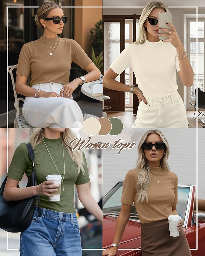 Ficerd 3 Pack Women's 1/2 Sleeve Mock Turtleneck Shirts, Elbow Length Shirt Half Sleeve Tunic Top Casual Summer Basic Tees