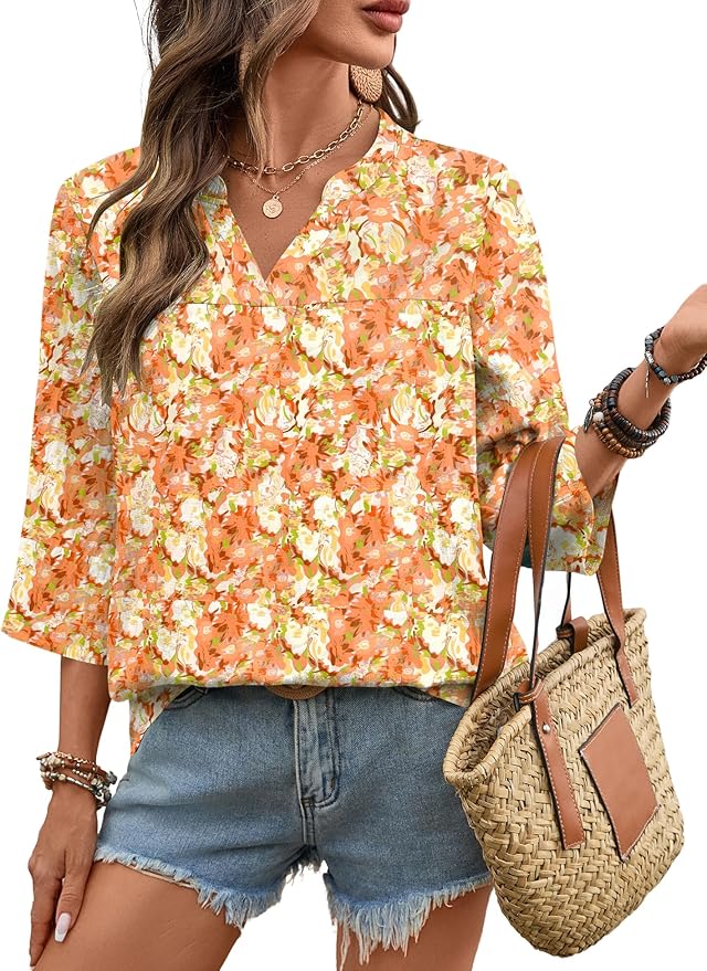 Rapbin Womens 3/4 Sleeve V Neck Floral Print Pleated Blouses for Women Dressy Casual Loose Fit Tops