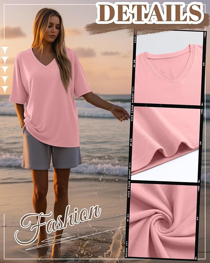 Huukeay Women's Cotton Oversized T Shirts 3 Pack V Neck Loose Fit Half Sleeve Tops Baggy Casual Summer Gym Workout Tees 2026