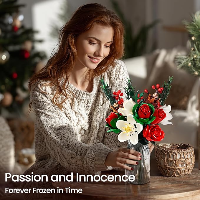iATOM Valentines Flower Bouquet Building Set, Artificial Roses Botanical Collection for Adults, Gift for Valentine's Day for Her/Mom/Girlfriend/Wife/Couple, Modern Home Office Table Centerpiece Decor