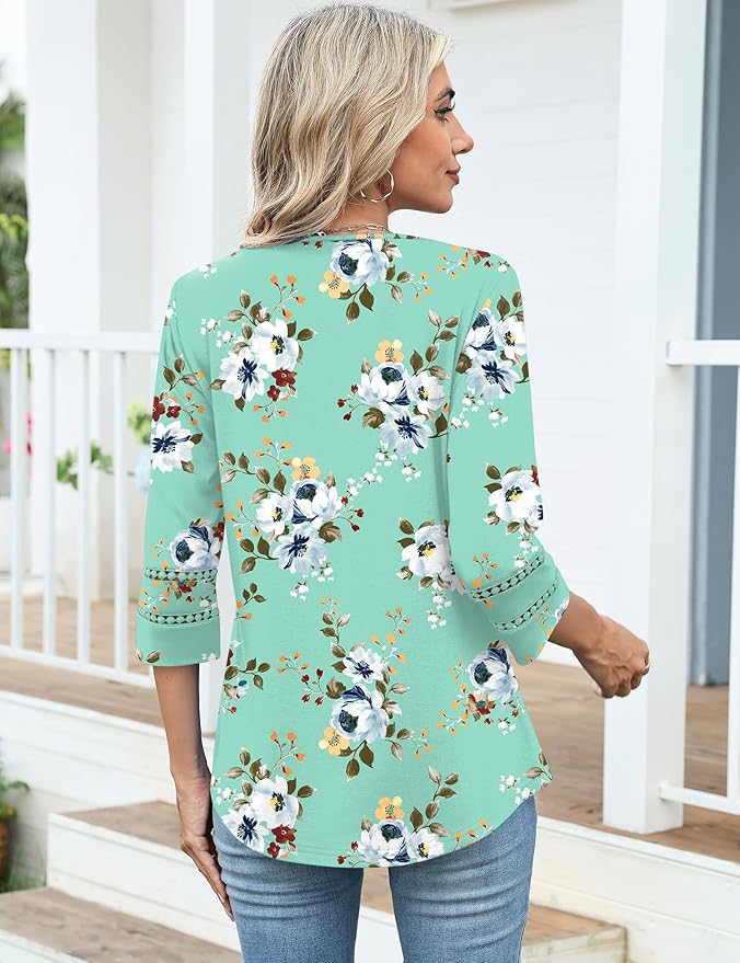 Ivicoer 3/4 Length Sleeve Womens Tops V Neck Lace Embroidered Summer Blouses Loose Fit Tunic Dressy Casual
