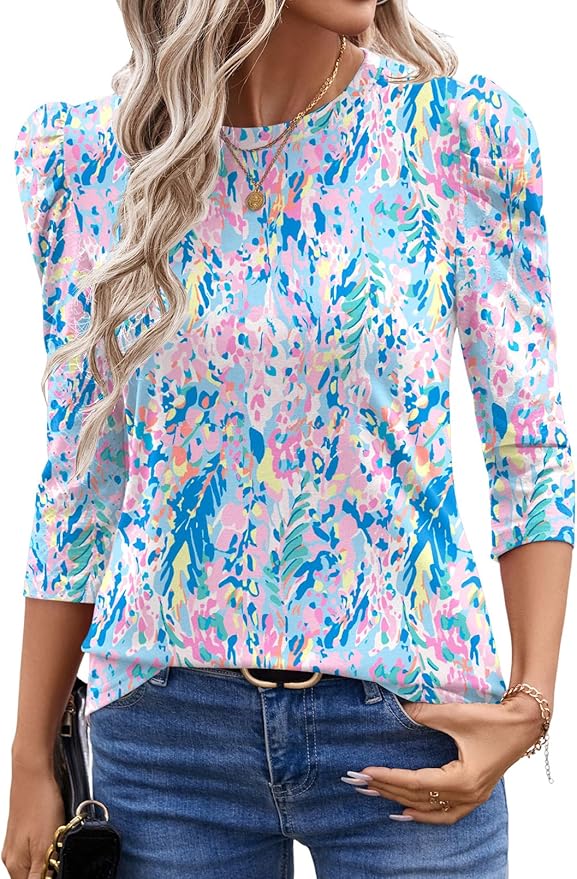 Ivicoer 3/4 Length Sleeve Womens Tops Summer Spring Tops for Women 2025 Puff Lace Sleeve Shirts Blouses