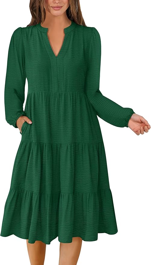 ANRABESS Womens Fall Midi Dresses Long Sleeve V Neck Swing Tiered Work Business Casual 2026 Flowy Beach Vacation Dress