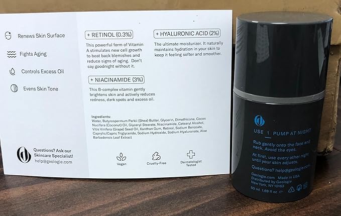 Geologie Retinol Anti-Aging Face Cream | Advanced .3% Retinol Formula for Effective Results | Reduce Fine Lines & Wrinkles | Protect & Repair Skin With Hyaluronic Acid & Niacinamide | For Men & Women