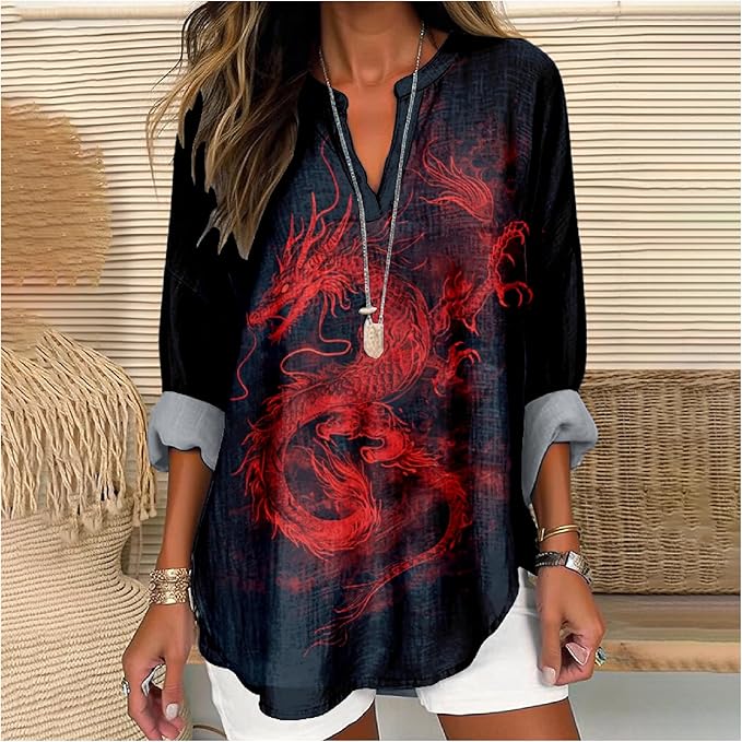 MARSVOVO V Neck Shirt For Women Boho Multi Style Blouse Long Sleeve Novelty Graphic Plus Size Pullover Tops For Women
