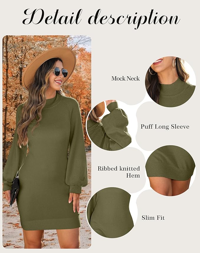 GRECERELLE 2026 Women's Mock Neck Ribbed Long Sleeve Bodycon Pullover Cute Mini Sweater Dress (XS-2XL)