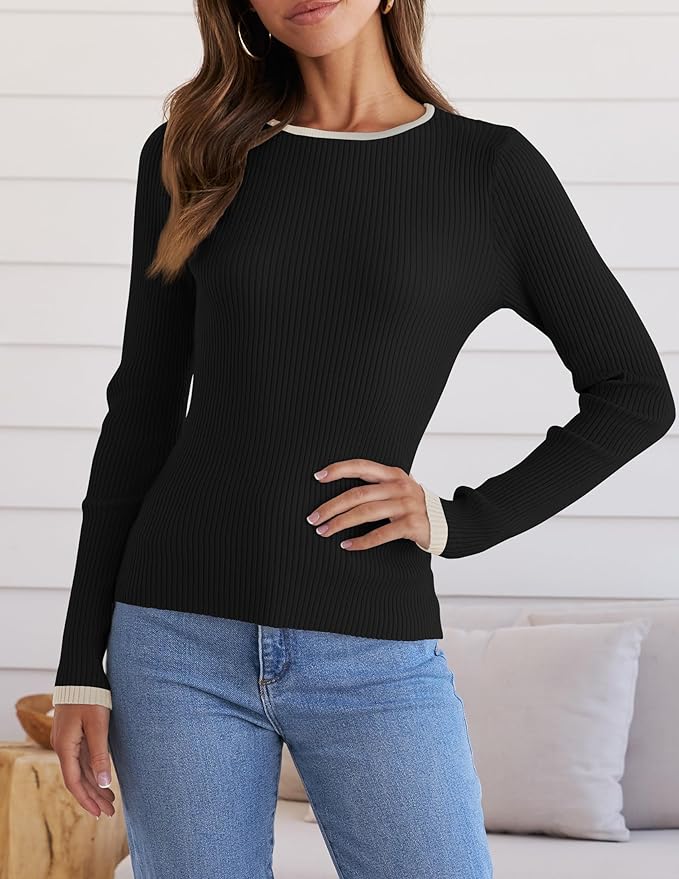 ZESICA Women's Long Sleeve Crewneck Shirts 2026 Fall Ribbed Knit Sweater Slim Fitted Casual Basic Tee Tops