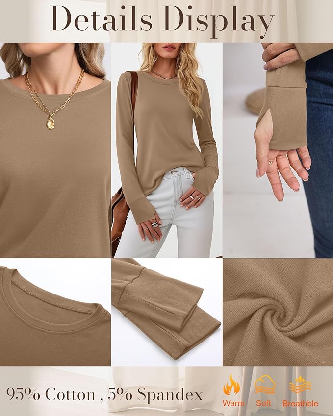 Huukeay 3 Pack Women's Long Sleeve Shirts with Thumb Holes, Cotton Casual Crew Neck Tunic Tops Fall Loose Y2k Trendy Outfits