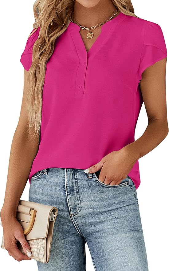 Blooming Jelly Women's Dressy Casual Tops Business Work Blouses White Button Down Shirts Cap Sleeve V Neck Tshirt