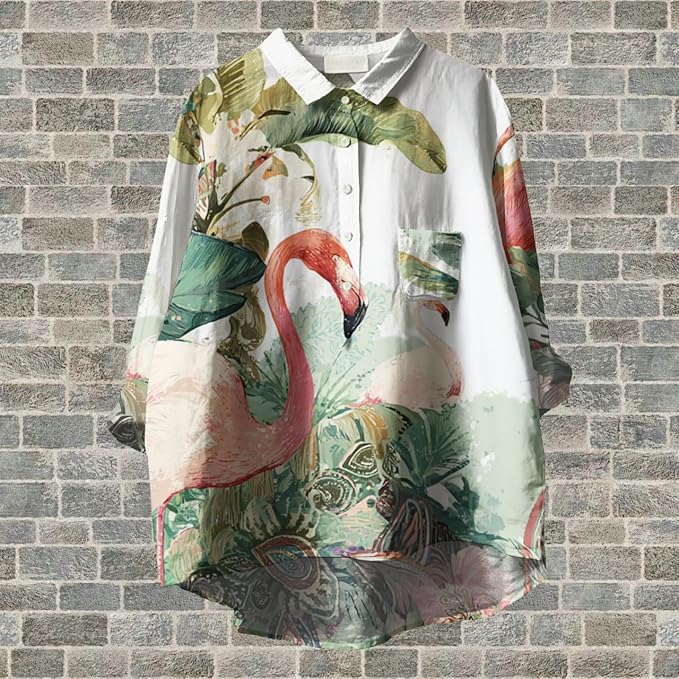 Womens Boho Tops 3/4 Long Sleeve Floral Blouses Hawaii Beach Button Down Shirts V Neck Pullover Casual Tunics