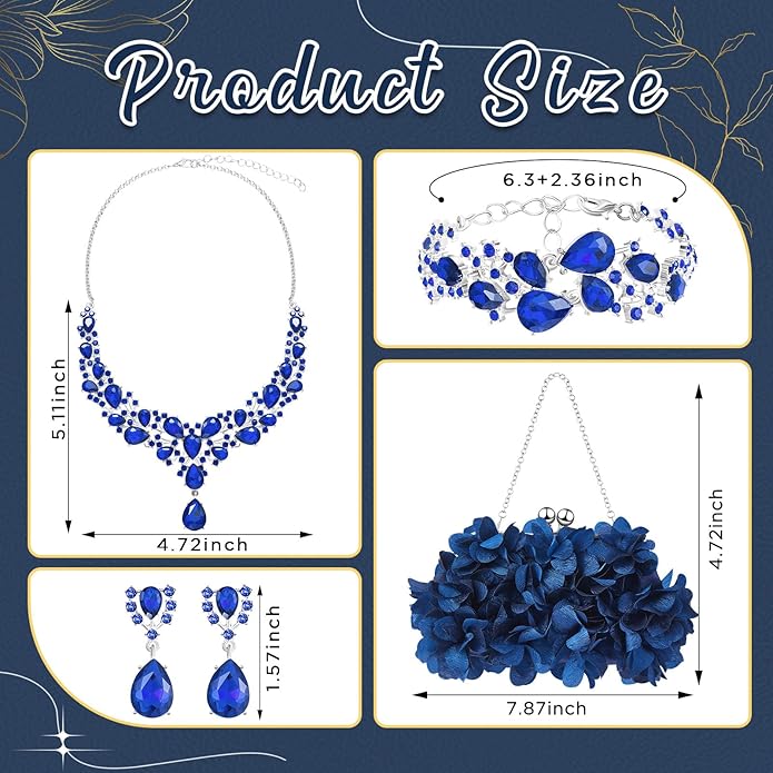 4 Pcs Flower Clutch Rhinestone Jewelry Set Rose Clutch Handbags with Detachable Strap Detachable Necklace Earrings Bracelets for Wedding Party Prom Valentine Gift