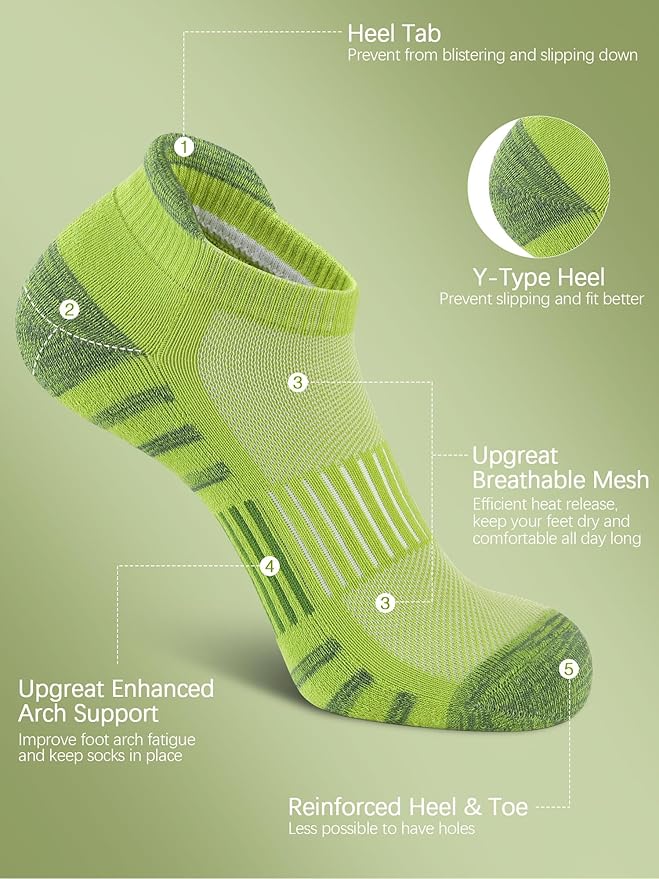Airacker Athletic Running Ankle Cotton Socks, Low Cut Cushioned functional Anti-Blister Tab Sports Socks for Men Women 6pairs