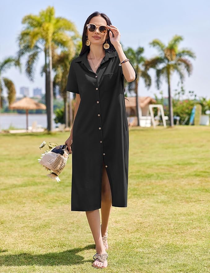 HOTOUCH Womens Dress Summer Casual Midi Short Sleeve Button Down Shirt Dresses Loose Beach Cover Up with Pockets