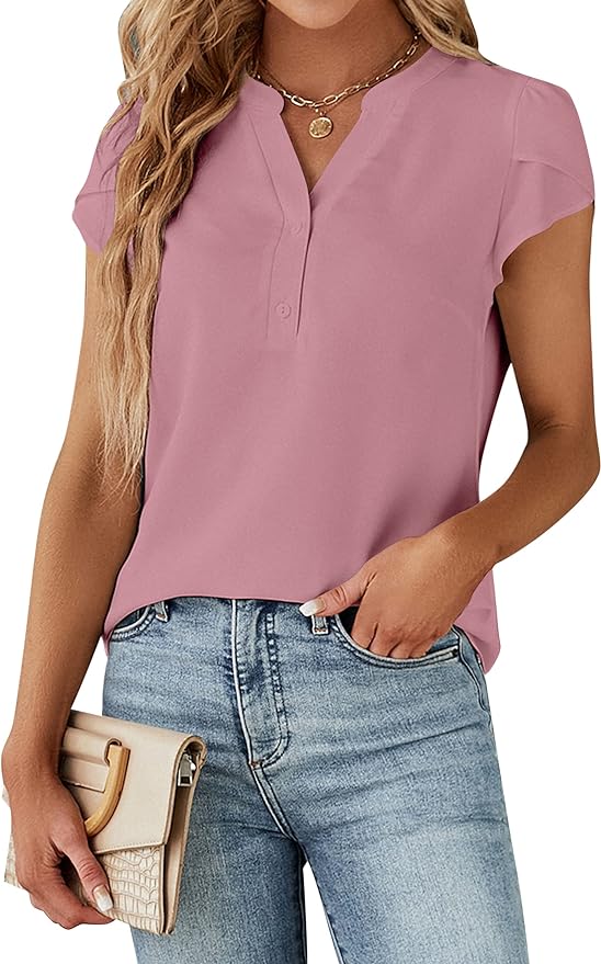 Blooming Jelly Women's Dressy Casual Tops Business Work Blouses White Button Down Shirts Cap Sleeve V Neck Tshirt