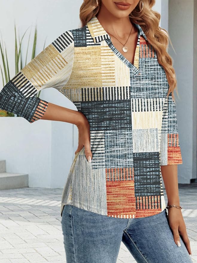 3/4 Length Sleeve Womens Tops Dressy Casual V Neck Polo Shirts Business Work Blouses 2025 Trendy Tunic Top
