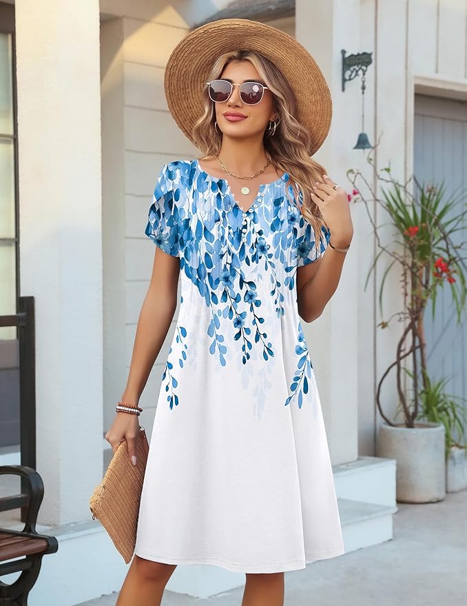 Zeagoo Women's Casual Dresses with Pockets Summer Floral V-Neck A-Line Tshirt Dress Short Sleeve Mini Dress Beach Sundress