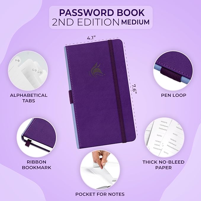 Clever Fox Password Book 2nd Edition – Hardcover Password Keeper with Alphabetical Tabs – Internet Address Notebook & Login Details Organizer Journal – 4.1x7.6” (Purple)