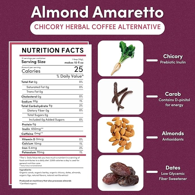 Teeccino Almond Amaretto Chicory Coffee Alternative - 11 Ounce - Ground Herbal Coffee That’s Prebiotic, Caffeine Free & Acid Free, Medium Roast