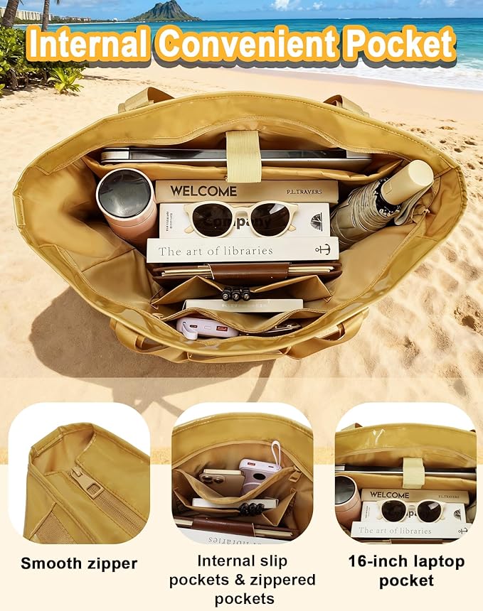 Tote Bag for Women, Lightweight Beach Bag with Laptop Pocket for Teacher Nurse, Travel Shoulder Handbag for College
