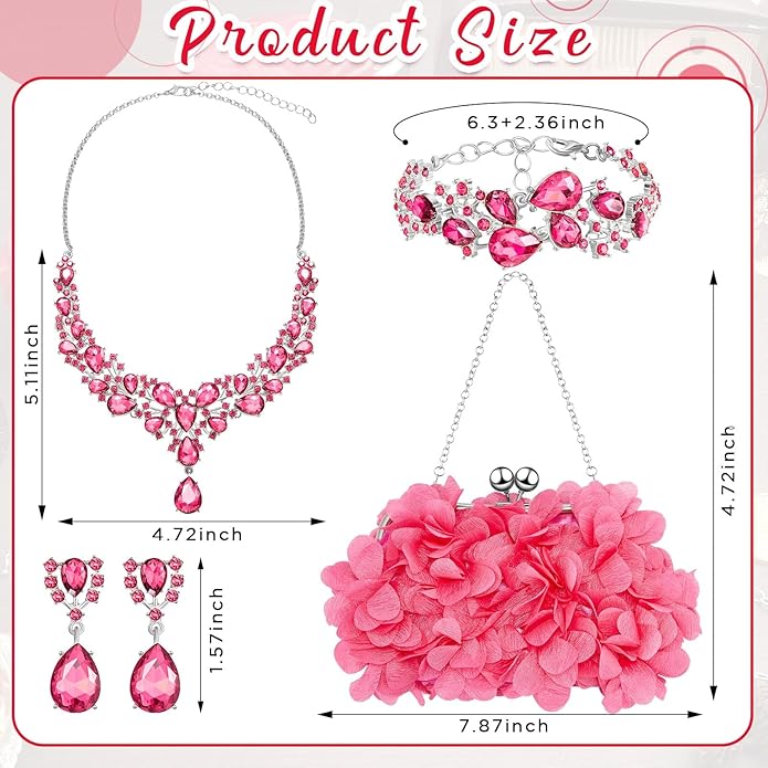 4 Pcs Flower Clutch Rhinestone Jewelry Set Rose Clutch Handbags with Detachable Strap Detachable Necklace Earrings Bracelets for Wedding Party Prom Valentine Gift