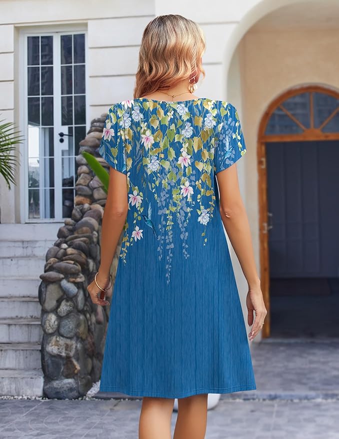 Zeagoo Women's Casual Dresses with Pockets Summer Floral V-Neck A-Line Tshirt Dress Short Sleeve Mini Dress Beach Sundress