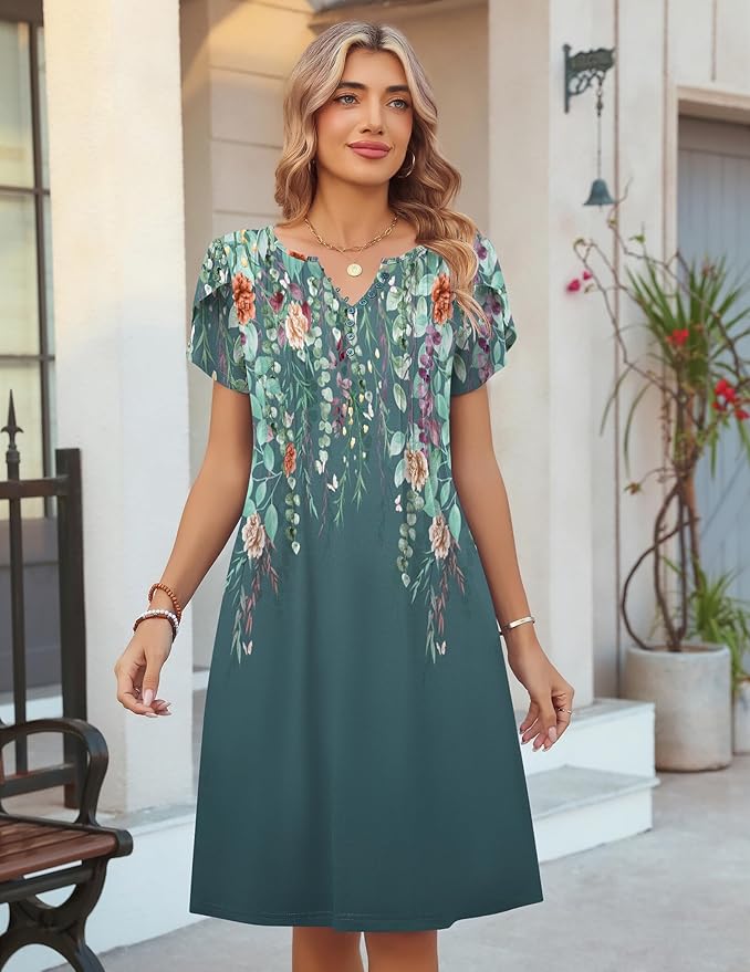 Zeagoo Women's Casual Dresses with Pockets Summer Floral V-Neck A-Line Tshirt Dress Short Sleeve Mini Dress Beach Sundress