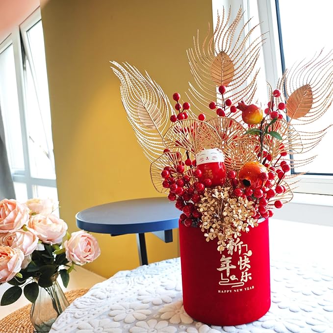 LOONELO Chinese New Year Artificial Flower Fu Bucket, 2025 Spring Festival Table Centerpiece Ornament Pot Desktop Decorations for Asian Vietnamese Korea Zodiac Snake Lunar New Year Home Office Store