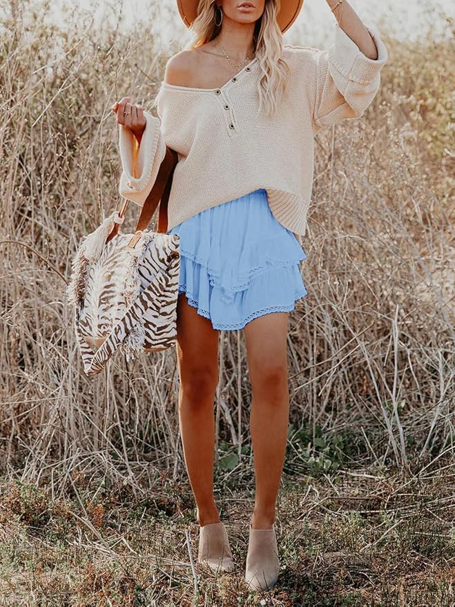 Aoudery Flowy Shorts for Women Casual Boho Ruffle Tiered Skorts High Waist Mini Skirts Golf Tennis Crochet Shorts