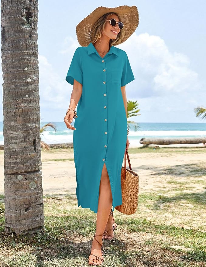 HOTOUCH Womens Dress Summer Casual Midi Short Sleeve Button Down Shirt Dresses Loose Beach Cover Up with Pockets