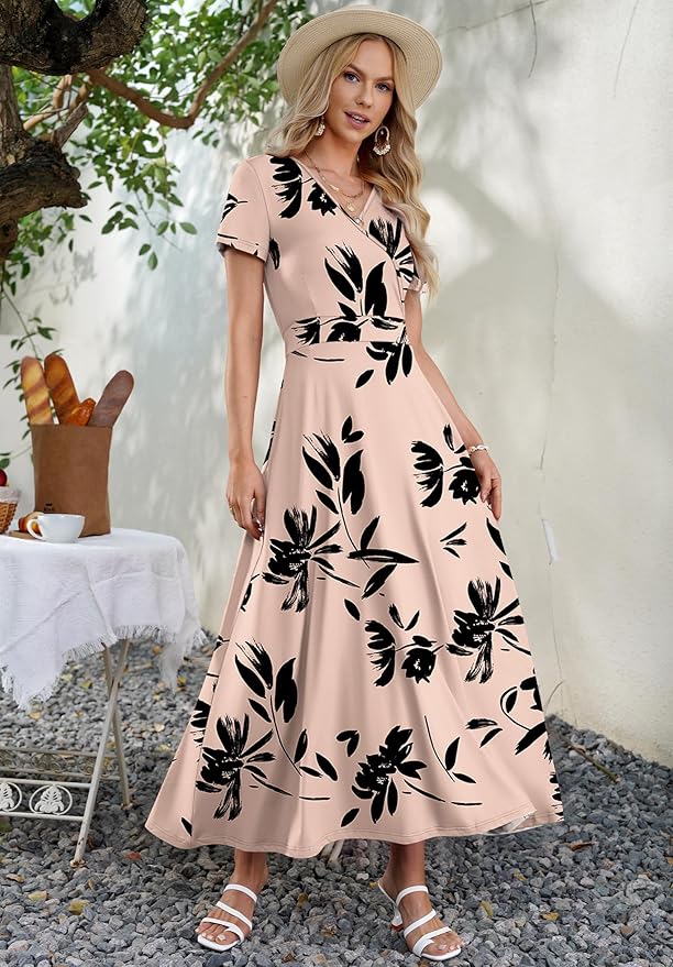AUSELILY Maxi Dresses for Women Ankle Length Floral Print Beach Long Flowy Dress with Pockets