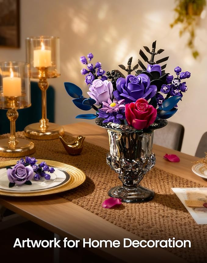 iATOM Flower Bouquet Building Set, Purple Roses Botanical Collection Kits for Adults Women, Gift for Valentine's Day for Her/Mom/Girlfriend/Wife/Couple, Gothic Modern Home Room Office Table Decor