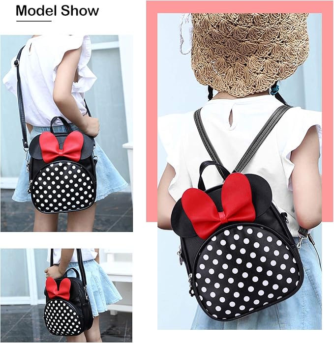 Voikukka Mini Mouse Backpacks for Toddler Girls Small Kids Backpack Black Leather Travel Bag Childrens Purse Cute Toddler Backpack for Girl Gift Girl Polka Dot Bag