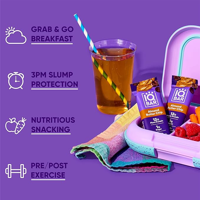 IQBAR Brain and Body Plant Protein Bars - Almond Butter Chip - 24-Count - Keto, Vegan, Low Carb, High Fiber, Gluten Free, Dairy Free, Low Sugar Snack with Nutrients for Focus, Energy, Meal Replacement