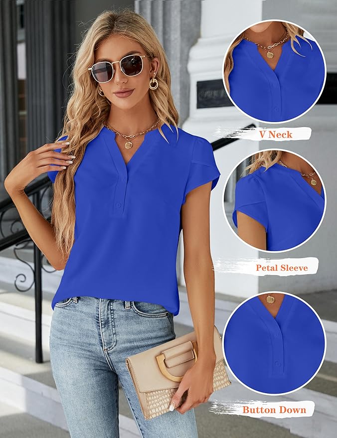 Blooming Jelly Women's Dressy Casual Tops Business Work Blouses White Button Down Shirts Cap Sleeve V Neck Tshirt