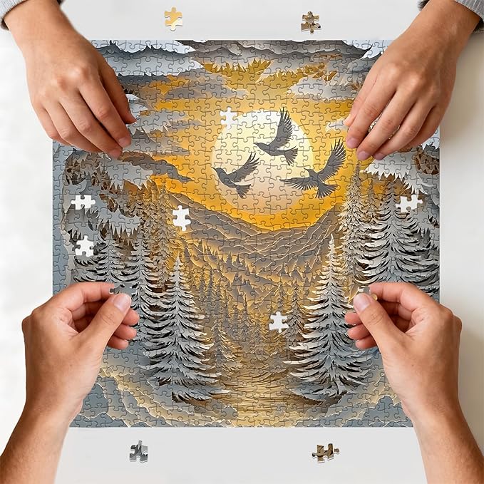 Saralluna Puzzle for Adults 1024 Pieces, 3D Paper-Cut Winter Forest Sunset Jigsaw Puzzle, Challening Impossible Difficult Hard Fun 1000 Pieces Jigsaw Puzzles for Adults