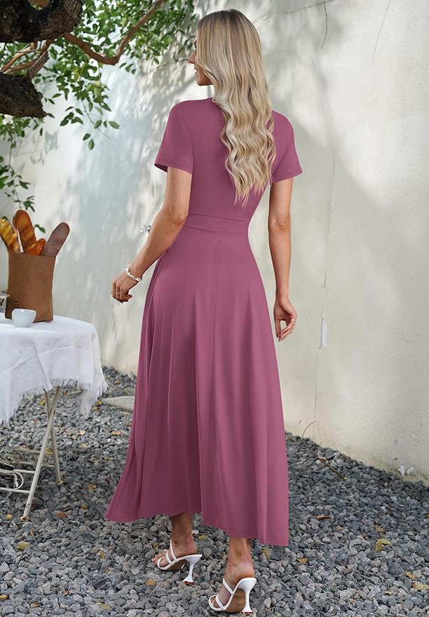 AUSELILY Maxi Dresses for Women Ankle Length Floral Print Beach Long Flowy Dress with Pockets
