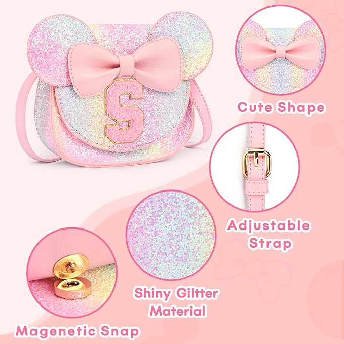 mibasies Toddler Purse Girl Gifts: Girls Birthday Gifts for 3-8 - Toys for Ages 2-4 Girls Mouse Ears Purse, Glitter Rainbow, Letter S