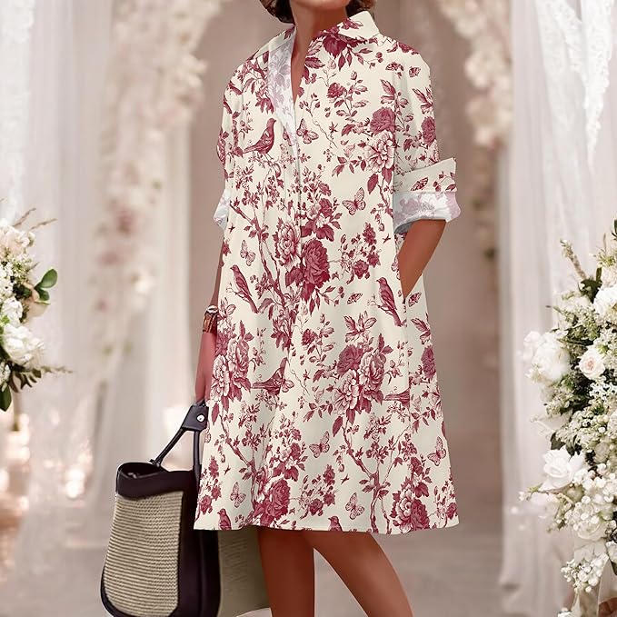 Shirt Dresses for Women 2025 Summer Long Sleeve Casual Plus Size Floral Printed Beach Vacation Dress with Pockets