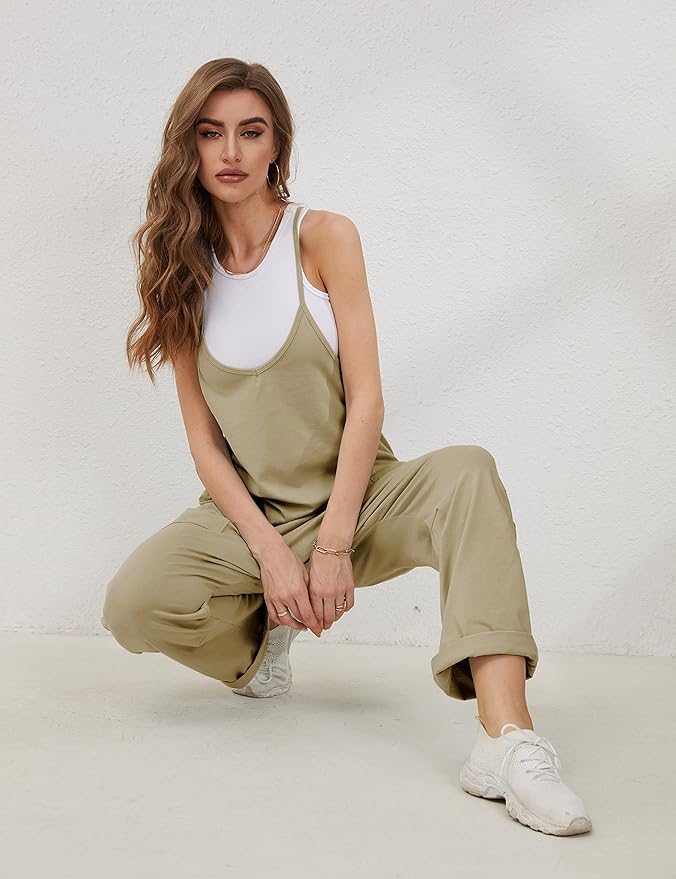 Lentta Women's Causal Jumpsuits V Neck Sleeveless Harem Overalls Stretchy Adjustable Strap Romper with Pockets