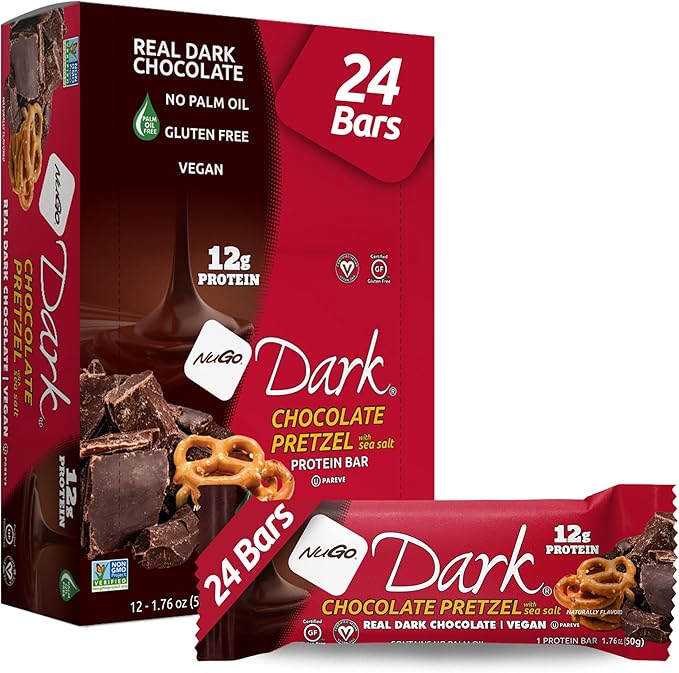 NuGo Dark Chocolate Pretzel and Sea Salt, 12g Protein Bar, Vegan, Gluten Free, Non-GMO, Kosher Pareve, 24 Count