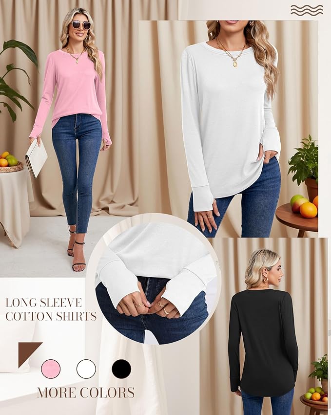 Huukeay 3 Pack Women's Long Sleeve Shirts with Thumb Holes, Cotton Casual Crew Neck Tunic Tops Fall Loose Y2k Trendy Outfits
