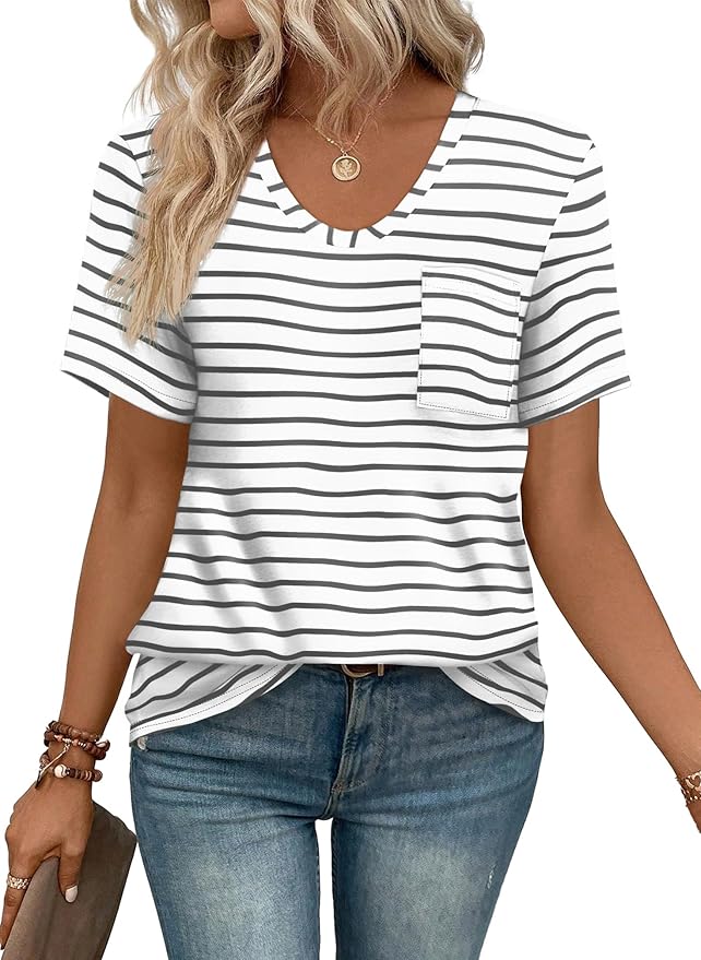 WIHOLL Women Summer T Shirts Short Sleeve Rounded V Neck Pocket Tee Tops