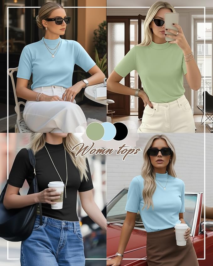 Ficerd 3 Pack Women's 1/2 Sleeve Mock Turtleneck Shirts, Elbow Length Shirt Half Sleeve Tunic Top Casual Summer Basic Tees