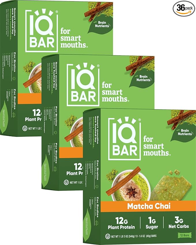 IQBAR Brain and Body Plant Protein Bars - Matcha Chai - 36-Count - Keto, Vegan, Low Carb, High Fiber, Gluten Free, Dairy Free, Low Sugar Snack with Nutrients for Focus, Energy, Meal Replacement